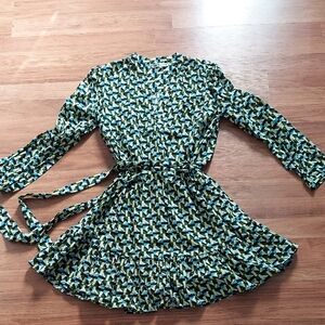 Zara Blue & Green Geo Print Long‑Sleeve Mini Dress